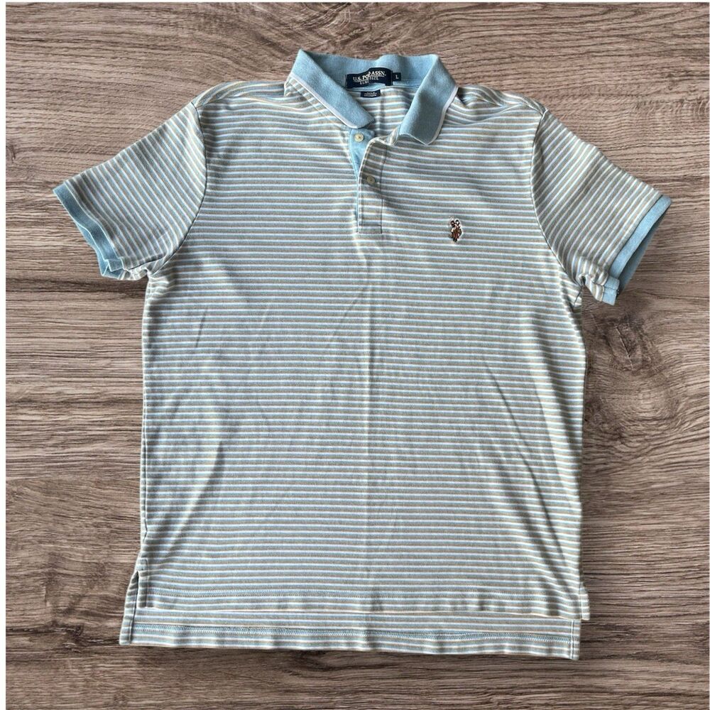 US Polo Assn Blue, Brown,‎ White Striped Polo Shirt Men’s Size L